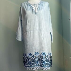 Roberta Roller Rabbit Blue 100% Linen Long Sleeve Pullover Tunic Dress XS
